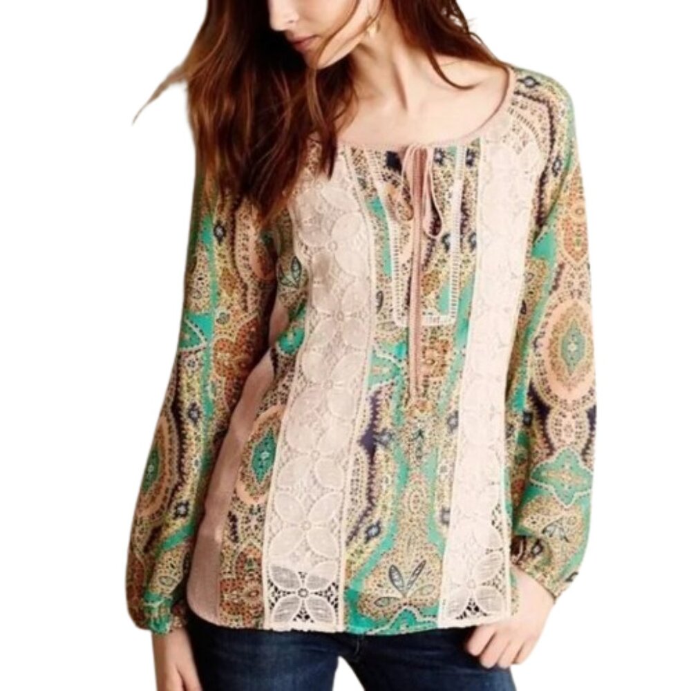 Anthropologie Meadow Rue Giada Peasant Top Floral Crochet Boho Blouse